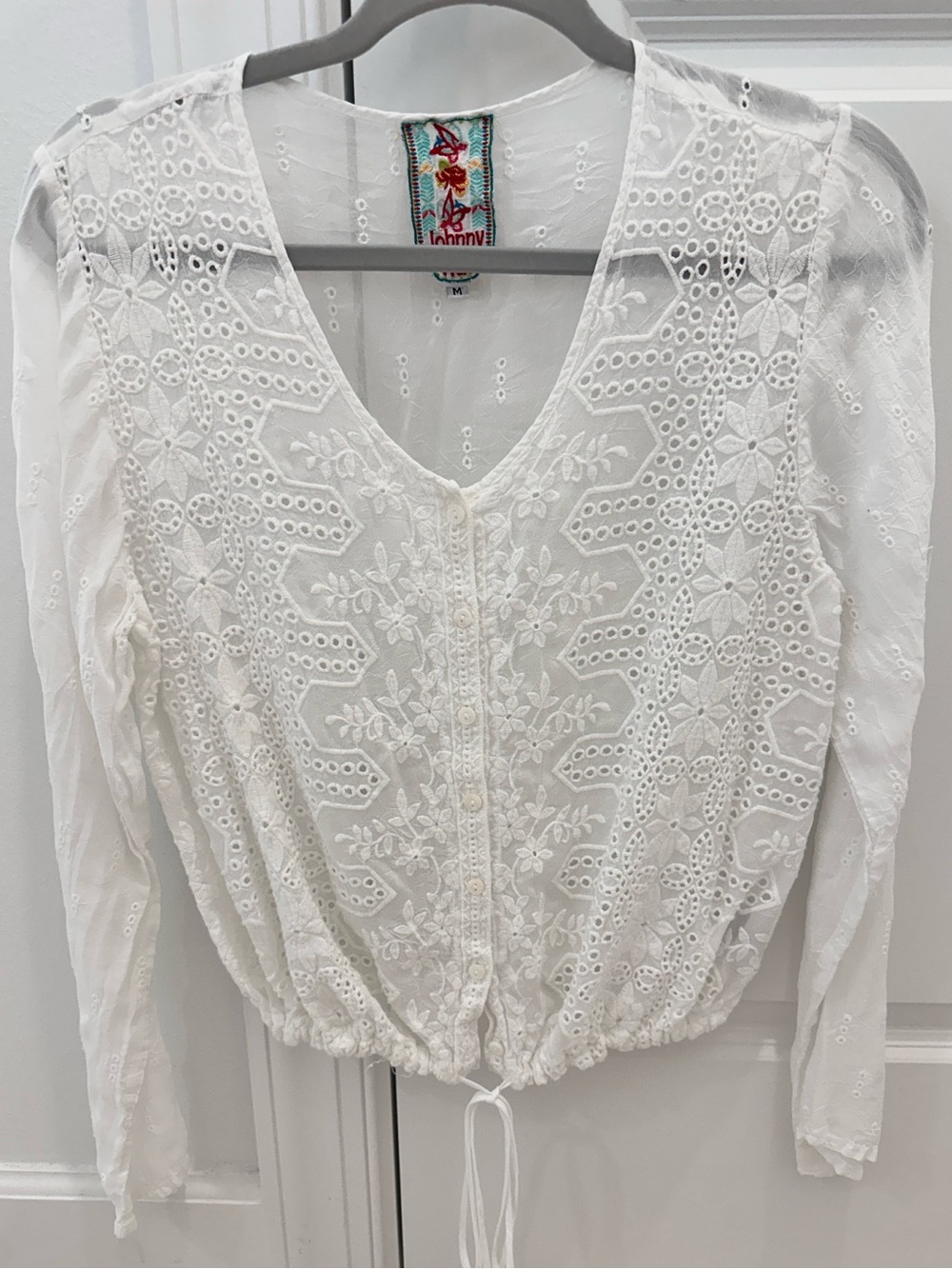 Johnny Was | White Sheer Embroidered Blouse with bottom tie
